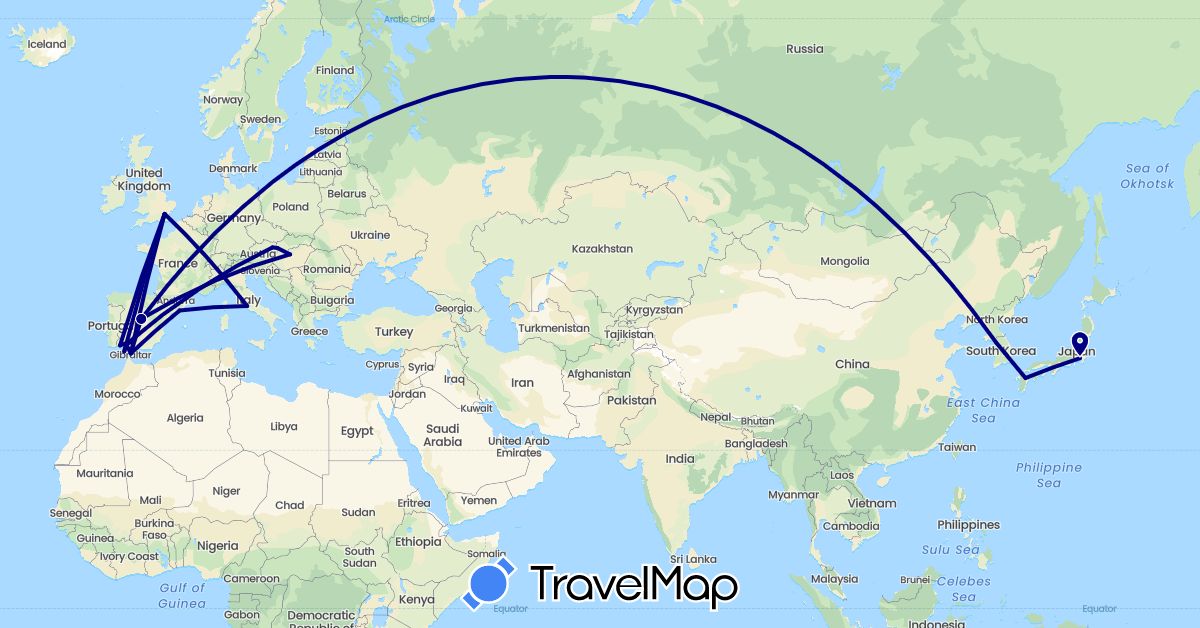 TravelMap itinerary: driving in Austria, Spain, United Kingdom, Hungary, Italy, Japan, South Korea, Slovakia (Asia, Europe)